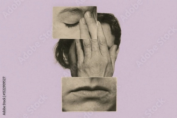 Obraz abstract vintage collage depicting human emotions with intertwined faces and hands showcasing vulnerability and introspection on a pastel background