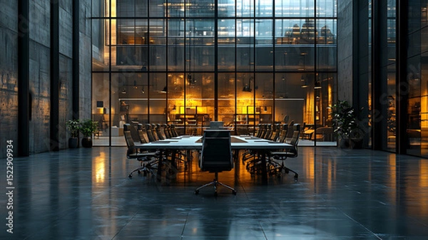 Fototapeta Modern corporate meeting room featuring long conference table surrounded by ergonomic chairs. space is illuminated by warm lighting, creating professional yet inviting atmosphere