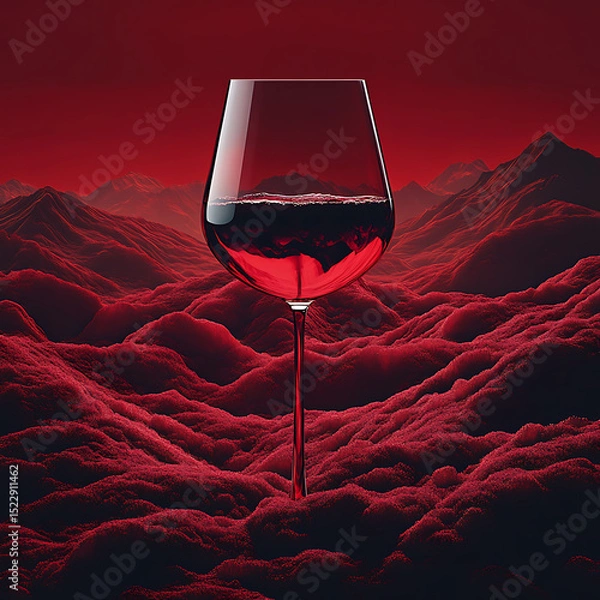 Fototapeta Stunning red wine glass stands elegantly against backdrop of vibrant red mountains and soft, fluffy clouds, creating dramatic and captivating atmosphere. rich color of wine complements surreal