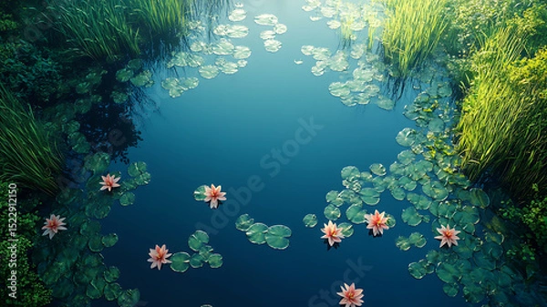 Fototapeta Serene view from above of tranquil Swedish water body adorned with vibrant lily pads and delicate pink flowers, surrounded by lush green grass, creating peaceful atmosphere