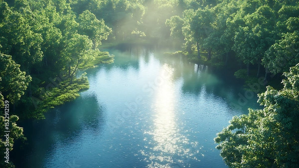 Fototapeta Serene view from above of tranquil water body surrounded by lush green trees, reflecting soft sunlight. peaceful atmosphere evokes sense of calm and connection with nature