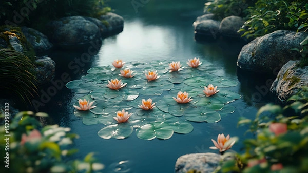 Fototapeta Serene view from above of tranquil pond featuring vibrant water lilies surrounded by smooth stones and lush greenery, creating peaceful natural setting