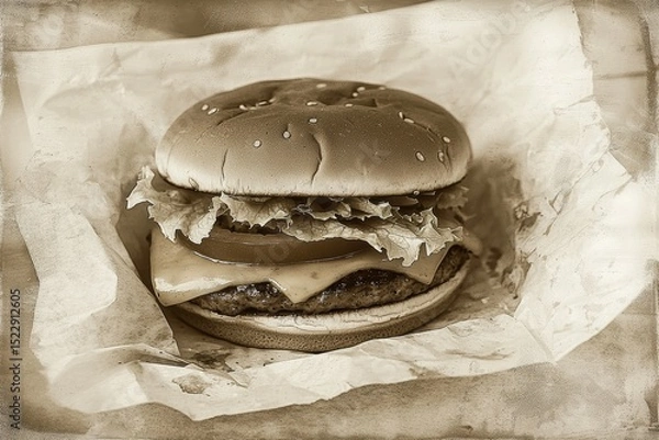 Obraz Classic Cheeseburger Wrapped In Paper With Sepia Tones For A Nostalgic Retro Vibe. Evokes Memories Of Vintage Diners