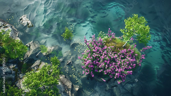 Fototapeta Aerial view of serene water landscape featuring vibrant pink flowers and lush greenery along rocky shores, creating tranquil and picturesque scene