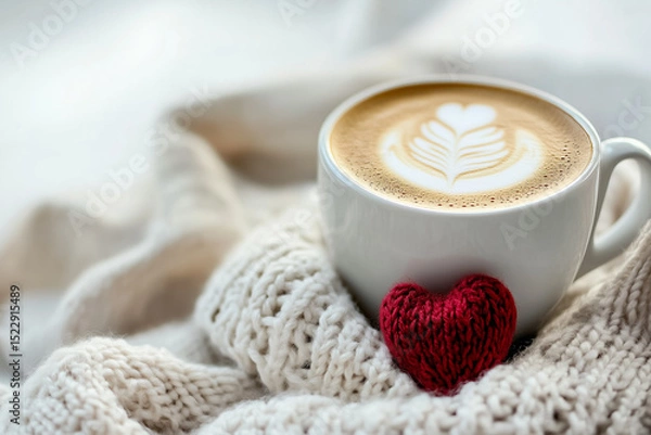 Fototapeta coffee mug with milk foam and knitted red heart on knitted beige blanket