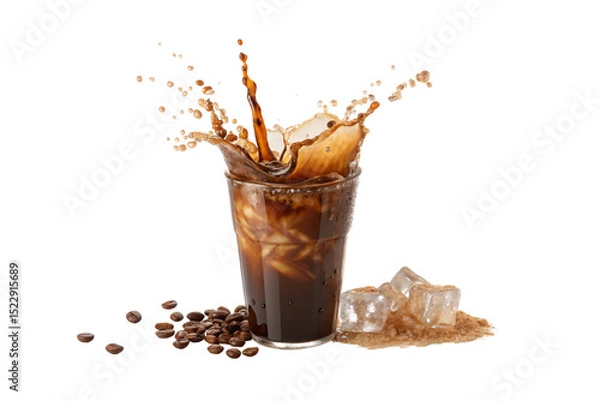 Fototapeta Iced coffee splash with coffee beans and sugar cubes scattered around glass creating energetic beverage photography composition, isolated on a transparent background