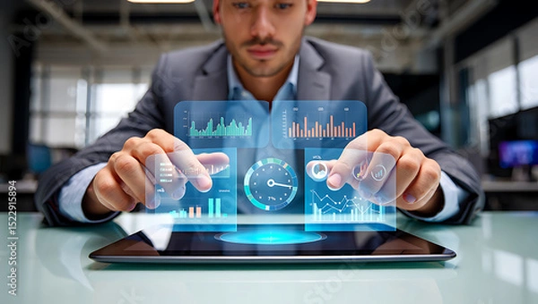 Fototapeta Businessman using a digital touchscreen for virtual communication and network success
