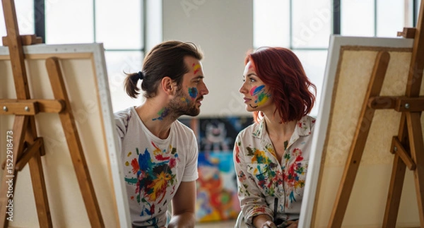 Fototapeta Romantic studio moment, two artists covered in paint stains sharing a quiet glance between easels and colorful canvases with soft daylight
