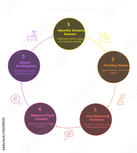 Fototapeta Plant Fertilization Cycle: An illustrative diagram showcasing the step-by-step process of fertilizing plants, from identifying the growing season to adjusting the fertilization schedule.
