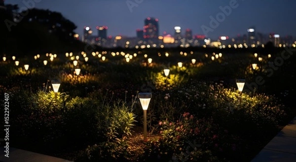 Fototapeta Eco-Glow Solar-Lit Urban Garden at Night