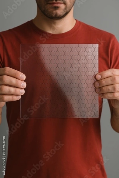 Obraz A realistic photo of a man in a red T-shirt holding a transparent square sheet with a printed hexagonal honeycomb pattern. 