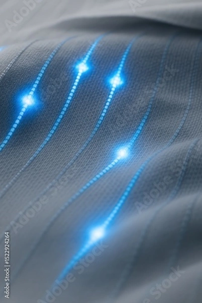 Fototapeta A macro photo of futuristic smart textile with glowing blue light fibers embedded in soft grey fabric. The illuminated lines follow a subtle wave pattern and emit soft pulses of light at intervals