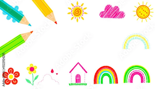 Obraz Back-to-school set of colored pencils and Cute Children's Drawing Elements