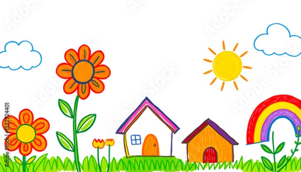 Obraz spring landscape with flowers and Child's Drawing of a Spring Landscape with Flowers, Houses, Sun and Rainbow