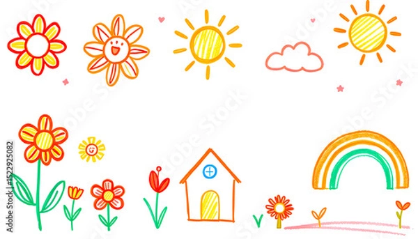 Obraz set of autumn leaves Child's Drawing of a Sunny Day with Flowers, Rainbow, and a House