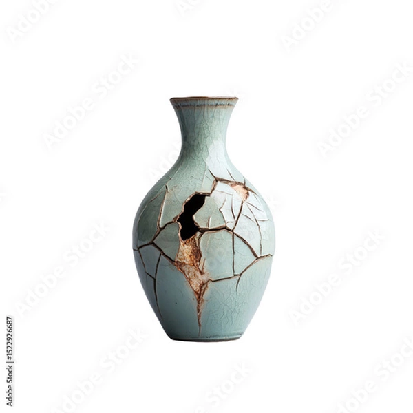 Fototapeta A broken ceramic vase with visible cracks and rusty elements on a neutral background
