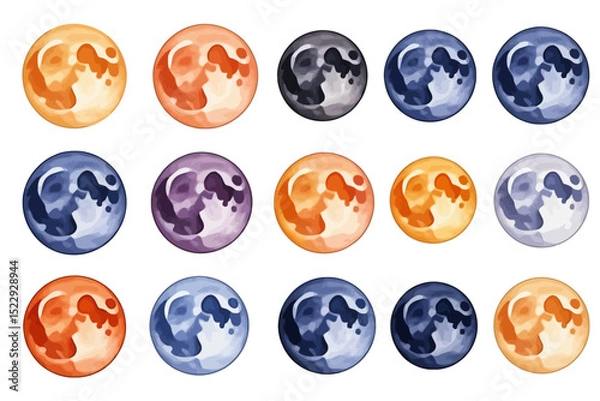 Fototapeta Colorful Watercolor Moon Phases Illustration - Lunar Cycle Art with Planets - Celestial Astronomy Design - Educational Science Chart Print
