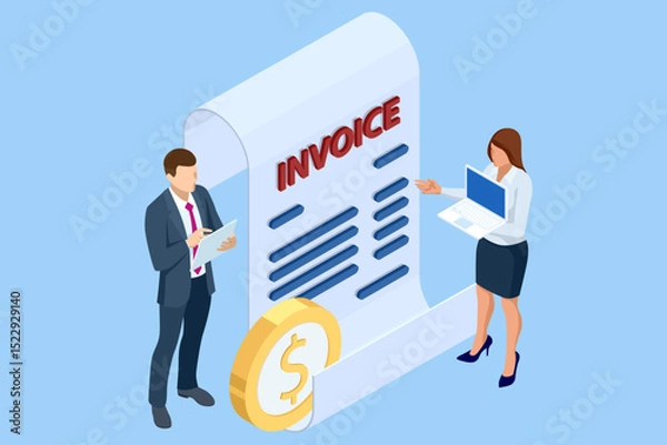 Obraz Isometric Mobile invoice payment concept.Secure online billing, payment, and business deals Digital financial services icon coins for banking and e-commerce design. Statements Software