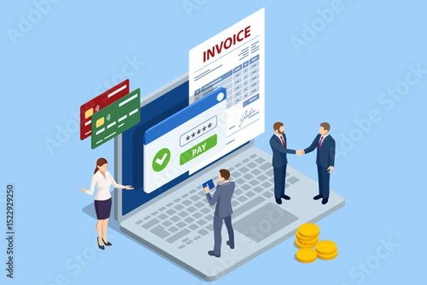 Obraz Isometric online invoice payment. A laptop shows a bill and a PAY button with a checkmark. Credit cards and stacked coins are also visible, symbolising financial transactions. Secure online billing
