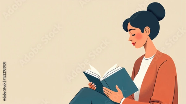 Obraz Young woman reading a book with a thoughtful expression in a minimalistic and elegant setting with copy space
