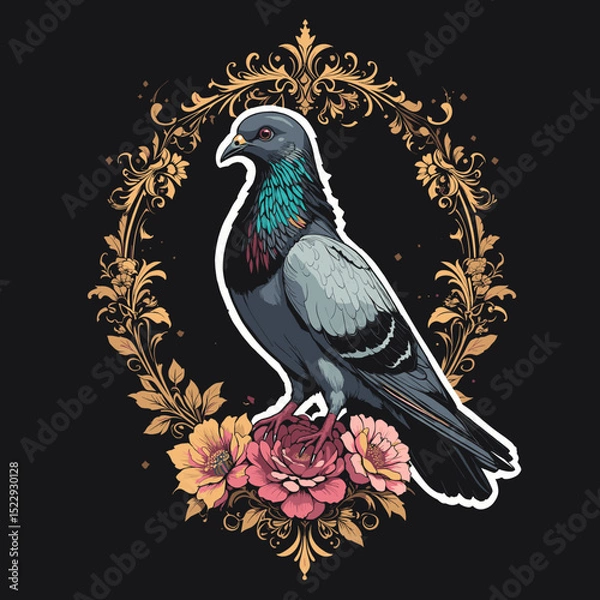 Obraz Stylish pigeon print with ornate floral decoration for a t-shirt design on a black background

