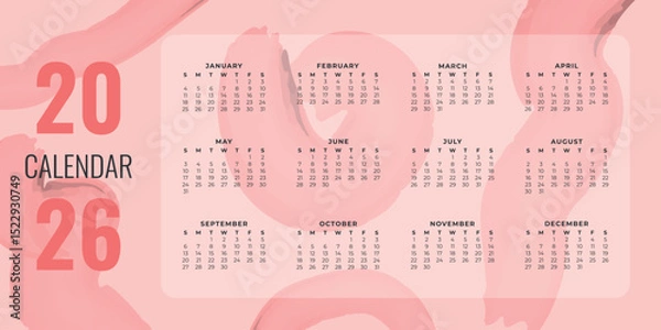 Fototapeta Calendar for the whole year 2026 with soft watercolor elements. All months on one page. Perfect for printing, interior decoration, planning, gifts and crafts. Vector illustration