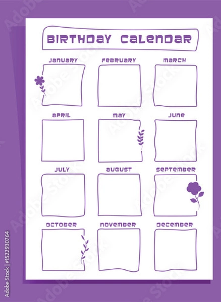Fototapeta 2026 Birthday Calendar - One Page Yearly Reminder Planner in Doodle Style,Vector Isolated Calendar