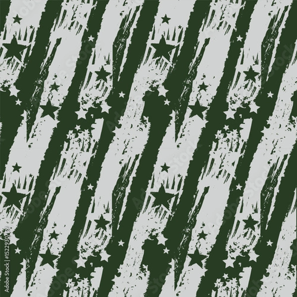Obraz Seamless grunge camouflage pattern with diagonal stripes and star elements in army green and black. Distressed military-style texture for apparel, backgrounds, or tactical design projects.