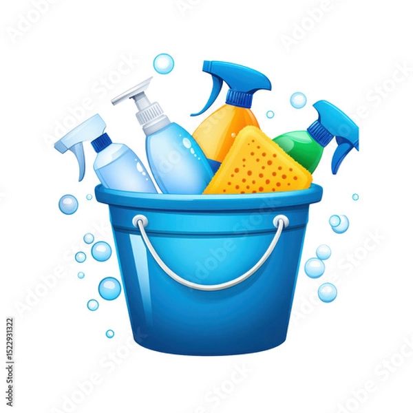 Fototapeta Blue plastic bucket holding multiple cleaning products and hygiene essentials


