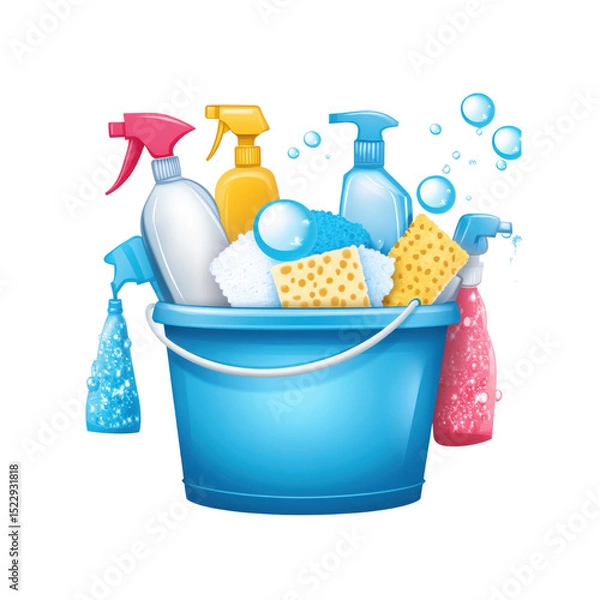 Fototapeta Household cleaning kit in a blue bucket with gloves, bottles, and scrub tools

