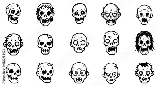 Fototapeta  Zombie cartoon skull icons collection – hand drawn creepy undead faces set