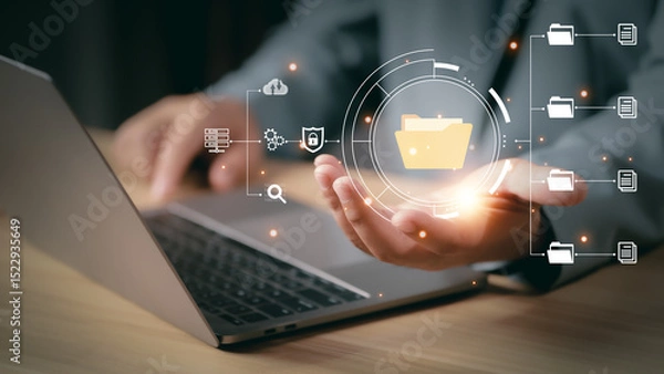 Fototapeta Document Management System (DMS), Businessman using digital documents to search, store, archive and manage and to reduce paper. Solution for paperless office. Digital business security process.