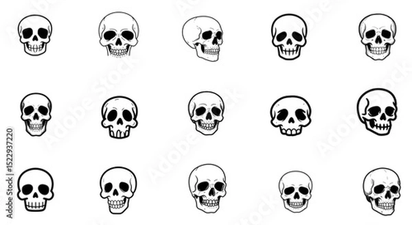Fototapeta  Hand drawn human skull icons collection – black and white cartoon skull illustrations set