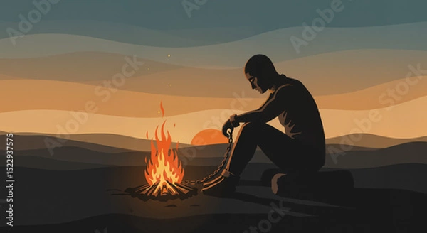 Obraz Man in chains sitting by a fire – symbol of captivity and survival