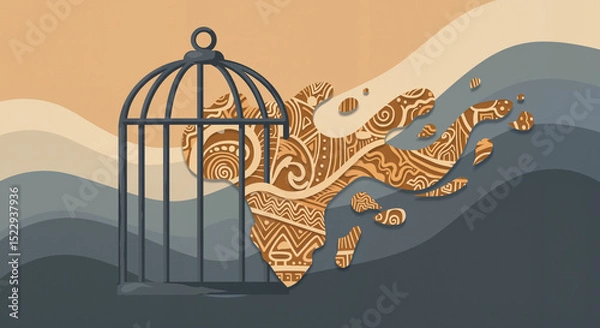 Obraz Cage over African continent silhouette with tribal patterns – symbol of cultural captivity