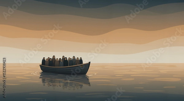 Obraz Silhouettes in boat crossing the sea – symbol of forced migration and slavery
