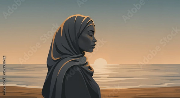 Obraz Woman in headscarf standing by the sea – symbol of remembrance and dignity