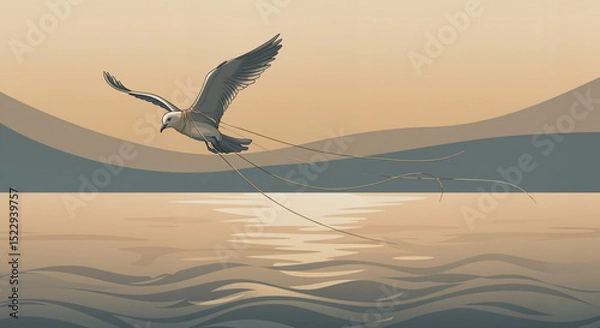 Obraz Bird flying over sea with broken ropes – symbol of liberation