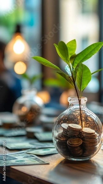 Fototapeta A vibrant glass jar filled with coins and a green plant symbolizes prosperity and growth, set in a cozy environment with soft lighting for a warm atmosphere.