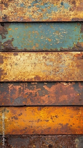 Fototapeta Rustic and colorful metal panels showcase a beautiful harmony of orange, blue, and earthy tones, adding vintage appeal to any creative project or design needs.