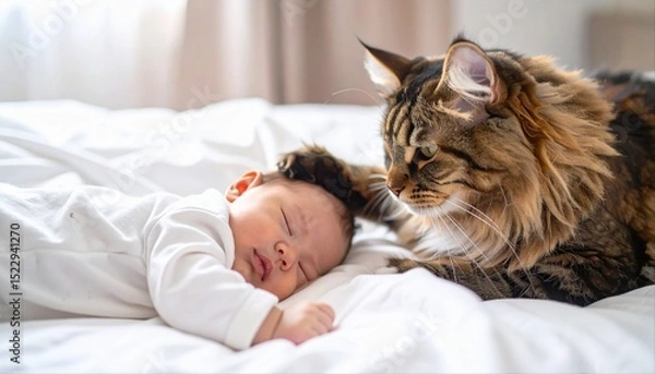 Obraz 寝ている赤ちゃんを優しく見守る猫