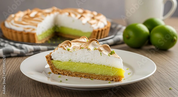 Obraz A slice of lime pie Brazilian-style (torta de limão) with meringue topping and tangy lime filling, served on a white plate over a rustic kitchen counter, bright soft light and lime zest detail 