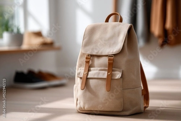 Obraz Stylish Tan Canvas Backpack in Sunlit Hallway