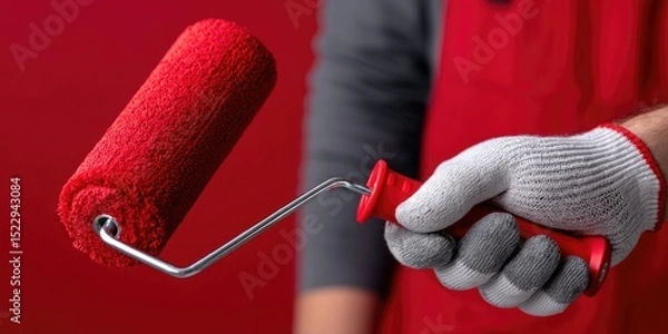 Obraz Painter Holding Red Paint Roller with Glove