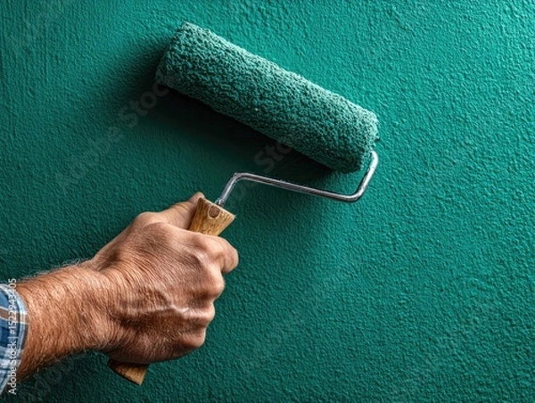 Obraz Dark Teal Wall Painting with Wooden Handle Roller