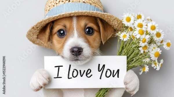 Obraz Cute Puppy with "I Love You" Sign and Flowers