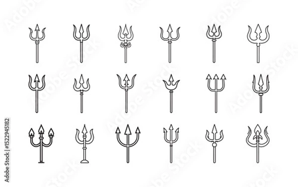 Fototapeta A diverse set of trident-themed icons drawn with clean lines, showcasing distinct shapes and styles for creative and symbolic design applications.

