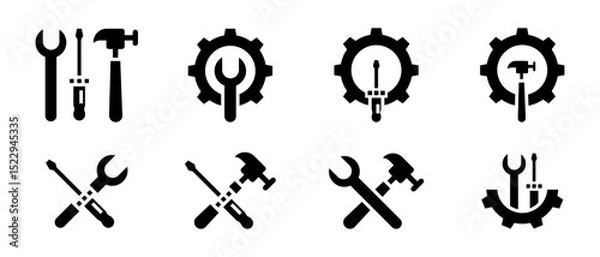 Obraz Conjunto de iconos de herramientas con engranaje. Mecánica, mantenimiento, reparación, ajuste y ensamblaje. Llave inglesa, destornillador y martillo con engranaje. Ilustración vectorial