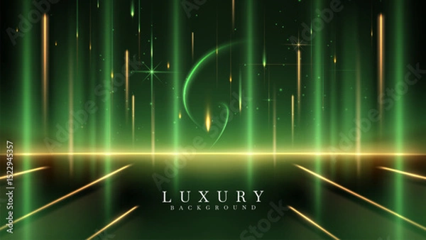 Fototapeta Green northern lights scene glowing in the night sky decorated with golden glow effect and stars, luxury style background design concept.