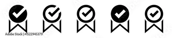 Obraz Conjunto de iconos de insignias de aprobación. Validación, garantía, éxito, logro y aceptación. Visto positivo en emblemas circulares, sellos decorativos. Ilustración vectorial